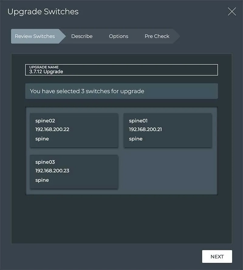 NetQ GUI screenshot upgrade management